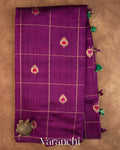 Wine Purple Checkered Butta Pure Raw Silk Handloom Saree