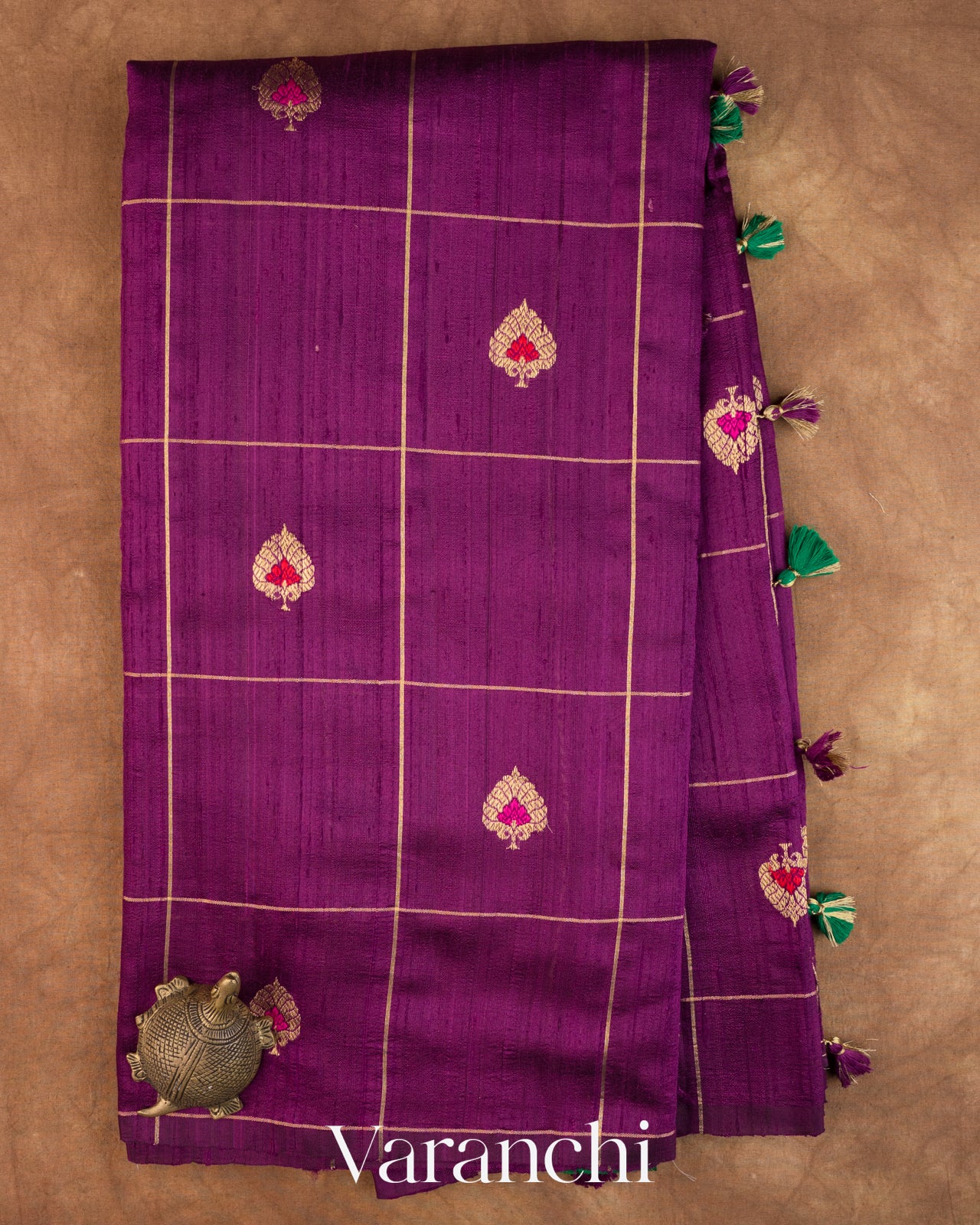 Wine Purple Checkered Butta Pure Raw Silk Handloom Saree