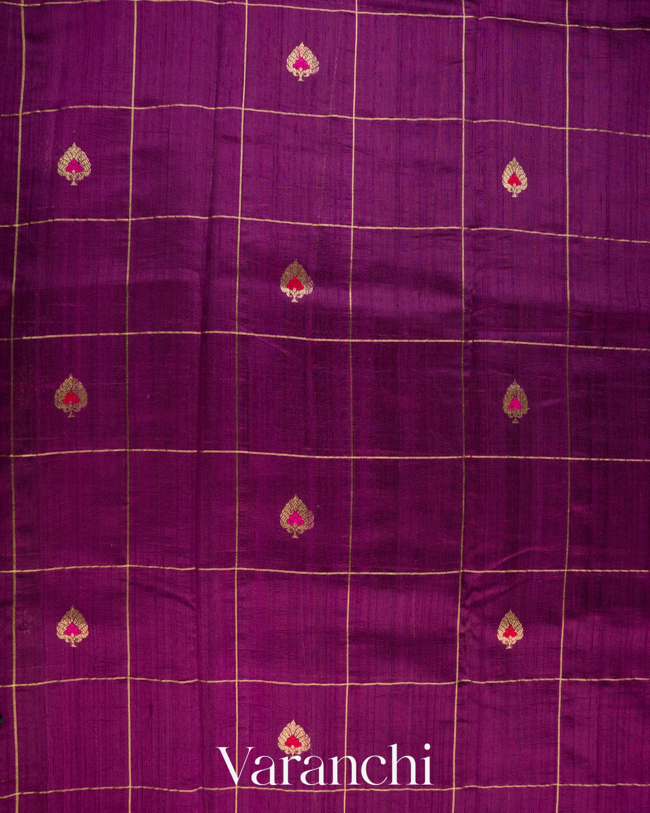 Wine Purple Checkered Butta Pure Raw Silk Handloom Saree