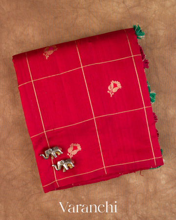 Chilly Red Checkered Butta Pure Raw Silk Handloom Saree