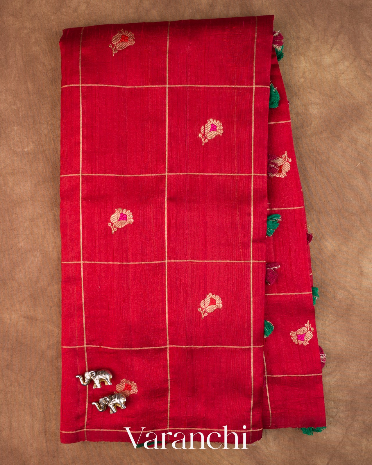 Chilly Red Checkered Butta Pure Raw Silk Handloom Saree