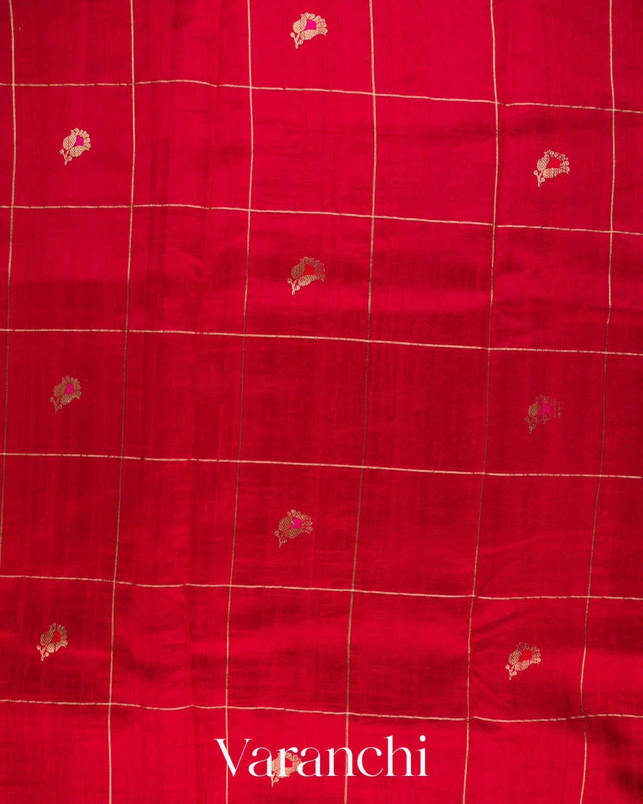 Chilly Red Checkered Butta Pure Raw Silk Handloom Saree