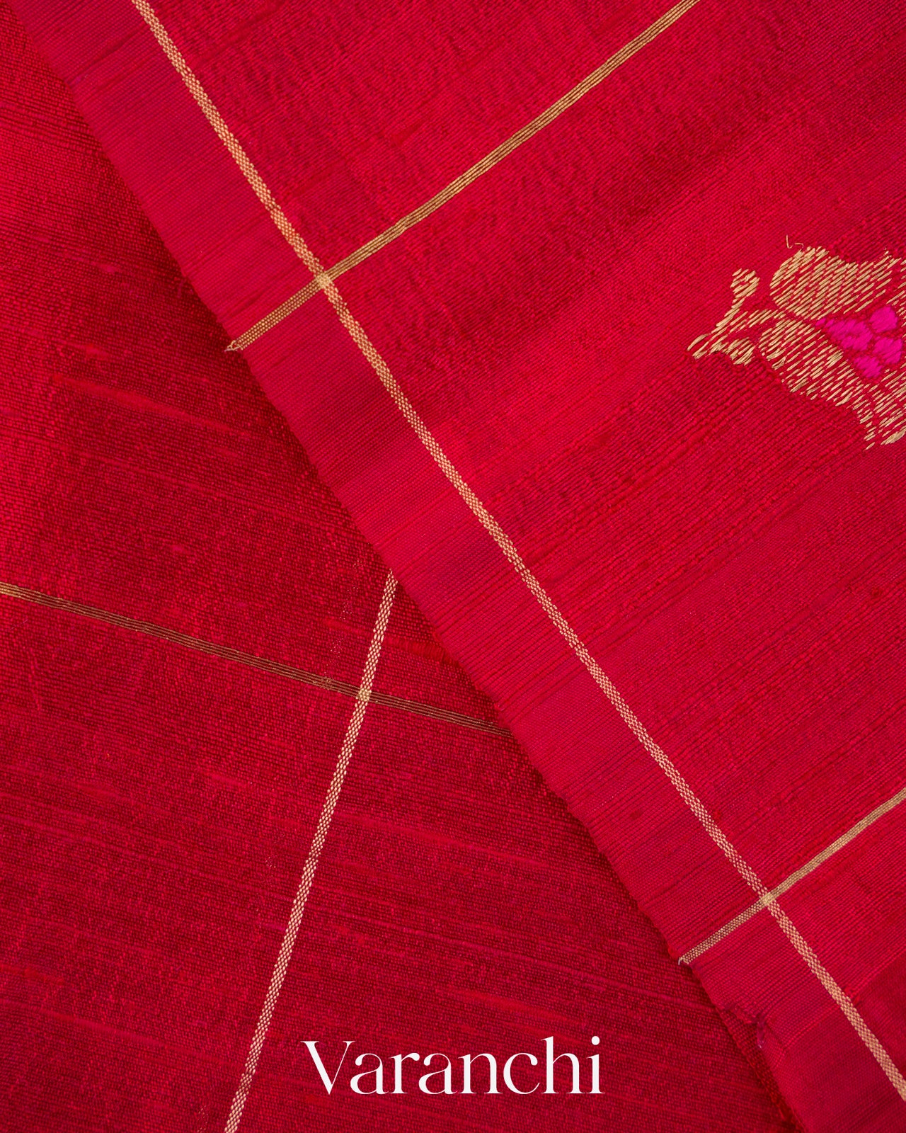 Chilly Red Checkered Butta Pure Raw Silk Handloom Saree