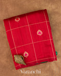 Crimson Red Checkered Pure Raw Silk Handloom Saree
