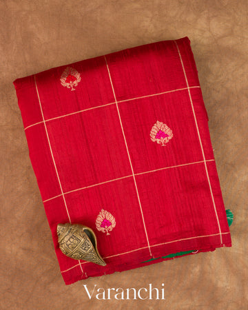 Crimson Red Checkered Pure Raw Silk Handloom Saree
