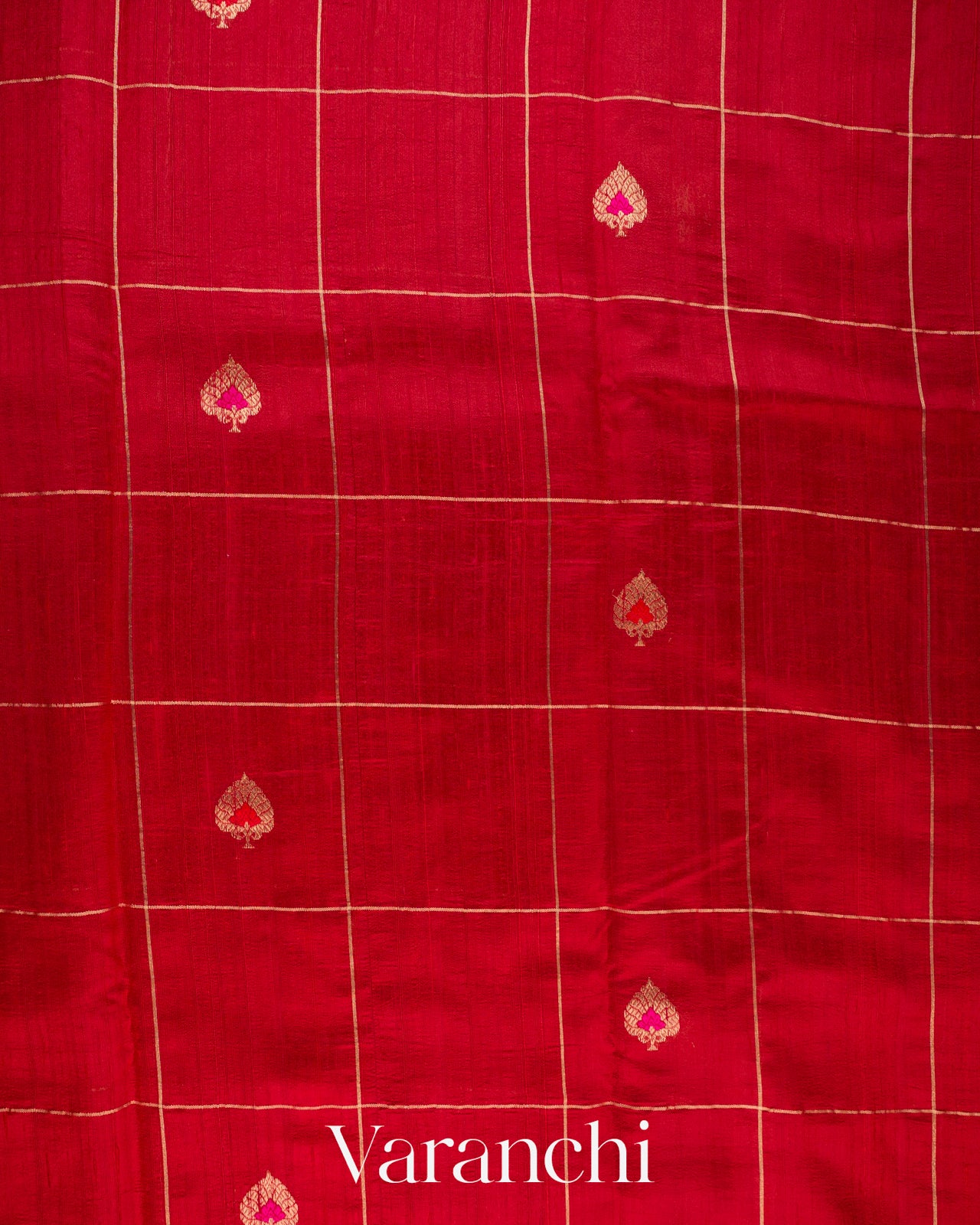 Crimson Red Checkered Pure Raw Silk Handloom Saree