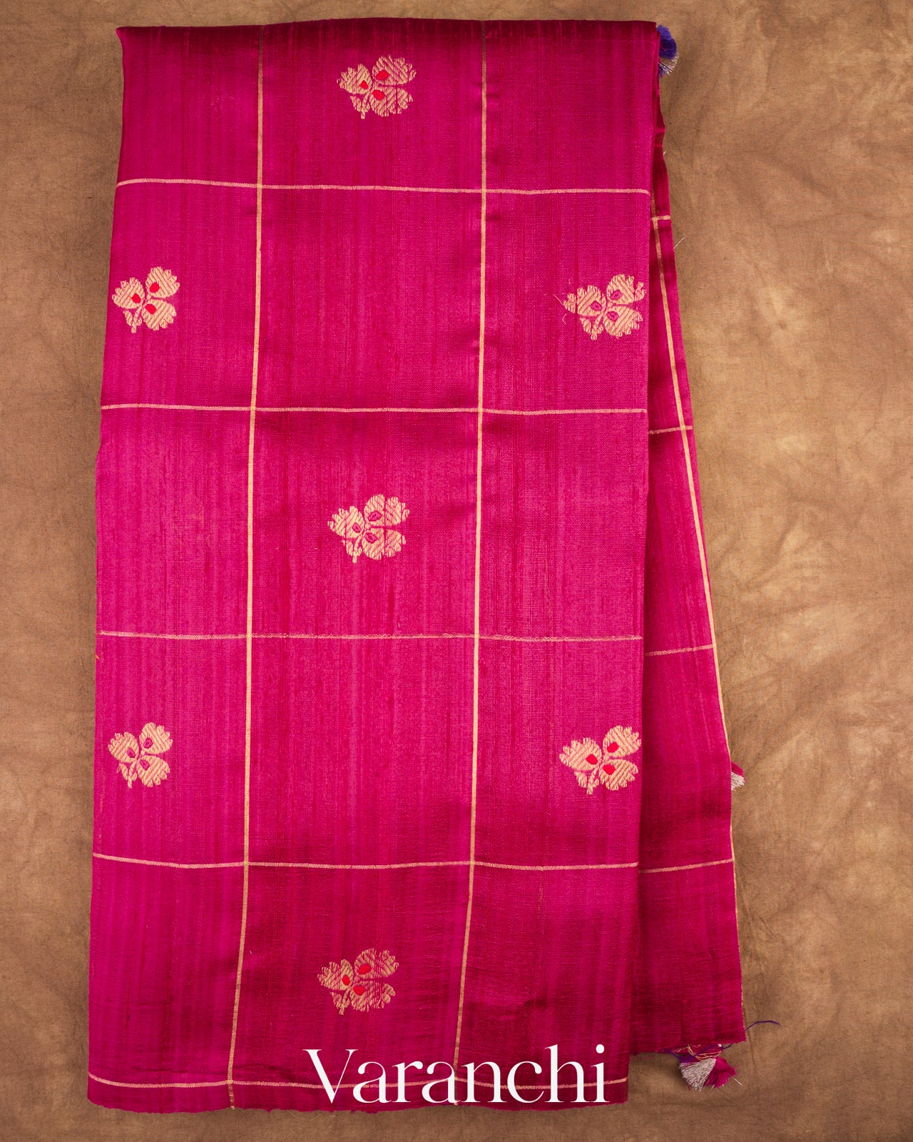 Rani Pink Checkered Pure Raw Silk Handloom Saree