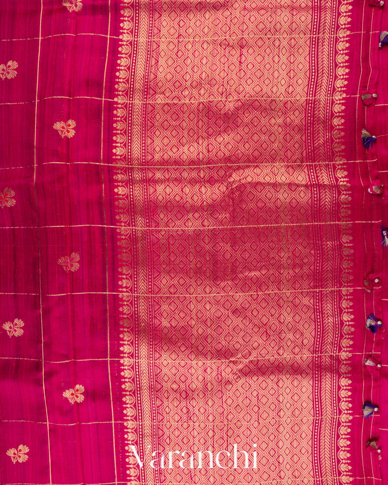 Rani Pink Checkered Pure Raw Silk Handloom Saree