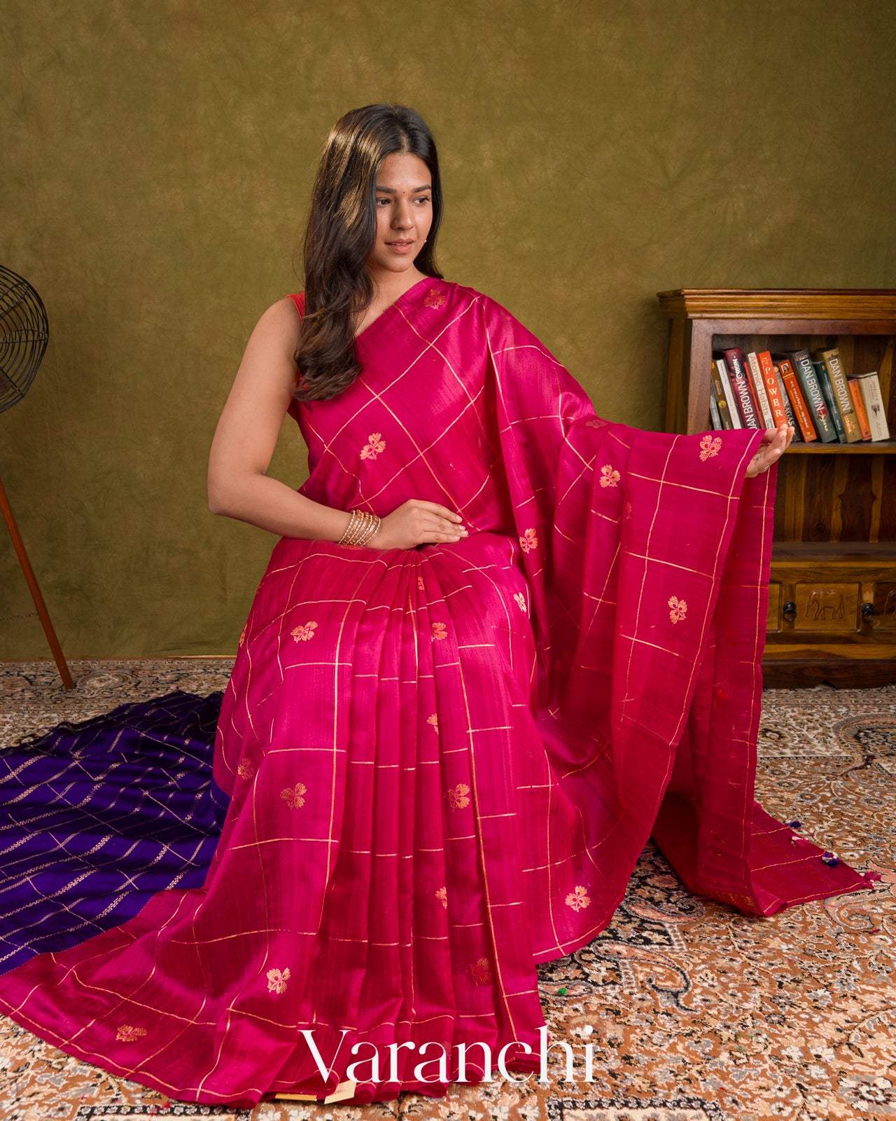 Rani Pink Checkered Pure Raw Silk Handloom Saree