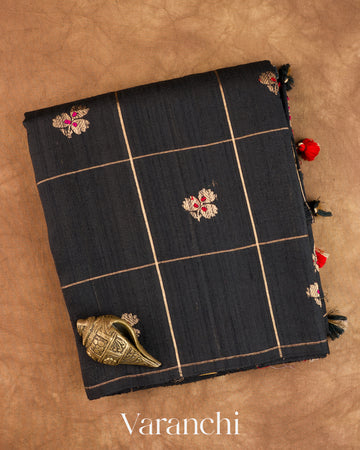 Jet Black Checkered Pure Raw Silk Handloom Saree