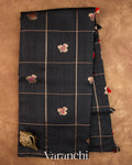 Jet Black Checkered Pure Raw Silk Handloom Saree