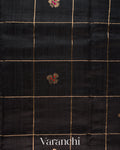 Jet Black Checkered Pure Raw Silk Handloom Saree