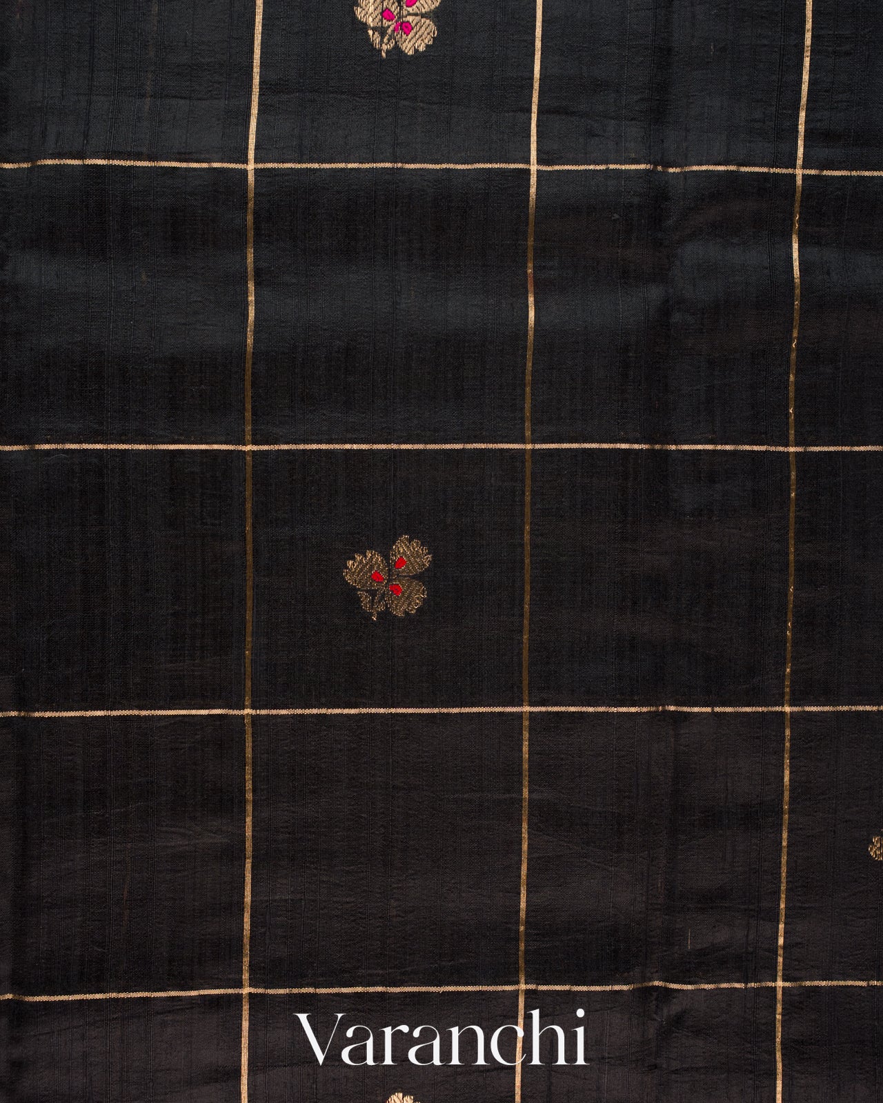 Jet Black Checkered Pure Raw Silk Handloom Saree