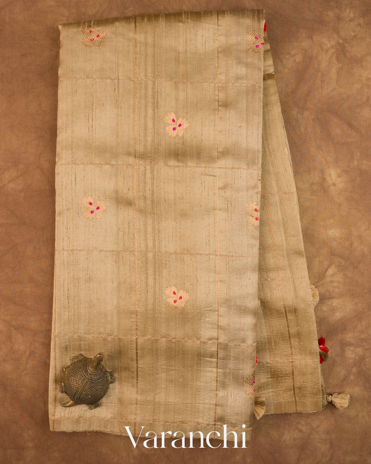 Beige Checkered Pure Raw Silk Handloom Saree