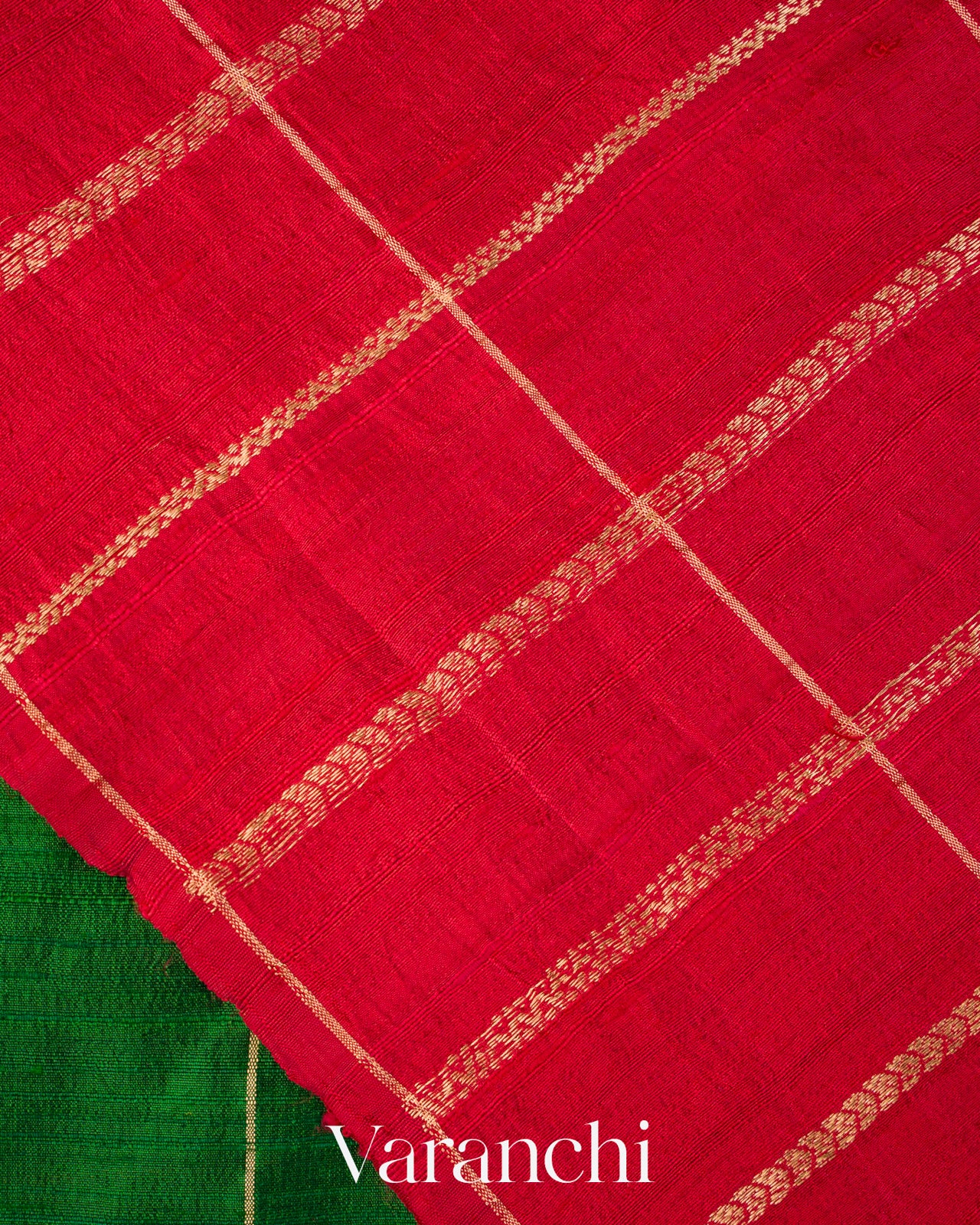 Emerald Green Checkered Pure Raw Silk Handloom Saree