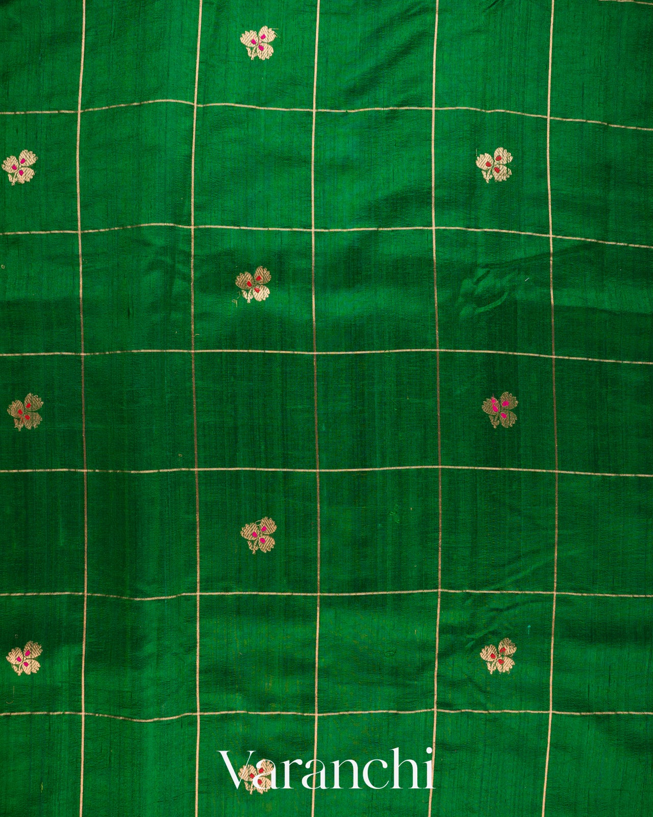 Emerald Green Checkered Pure Raw Silk Handloom Saree