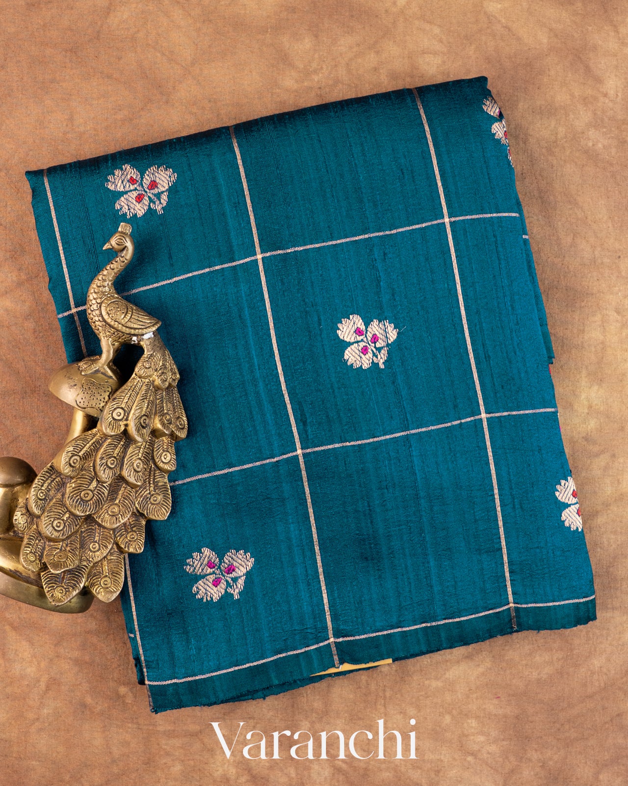 Navy Blue Checkered Pure Raw Silk Handloom Saree