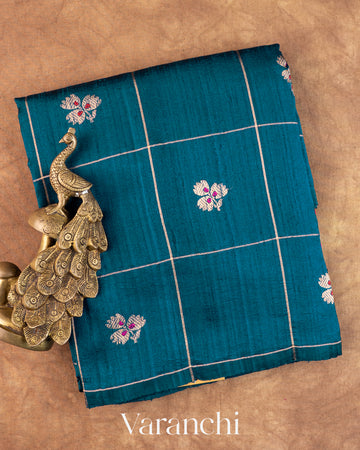 Navy Blue Checkered Pure Raw Silk Handloom Saree