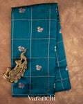 Navy Blue Checkered Pure Raw Silk Handloom Saree