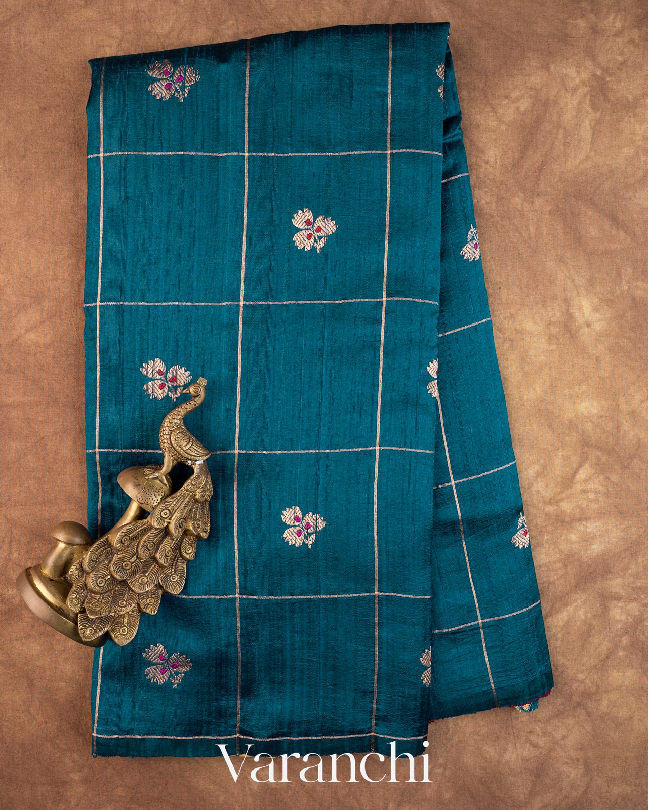 Navy Blue Checkered Pure Raw Silk Handloom Saree