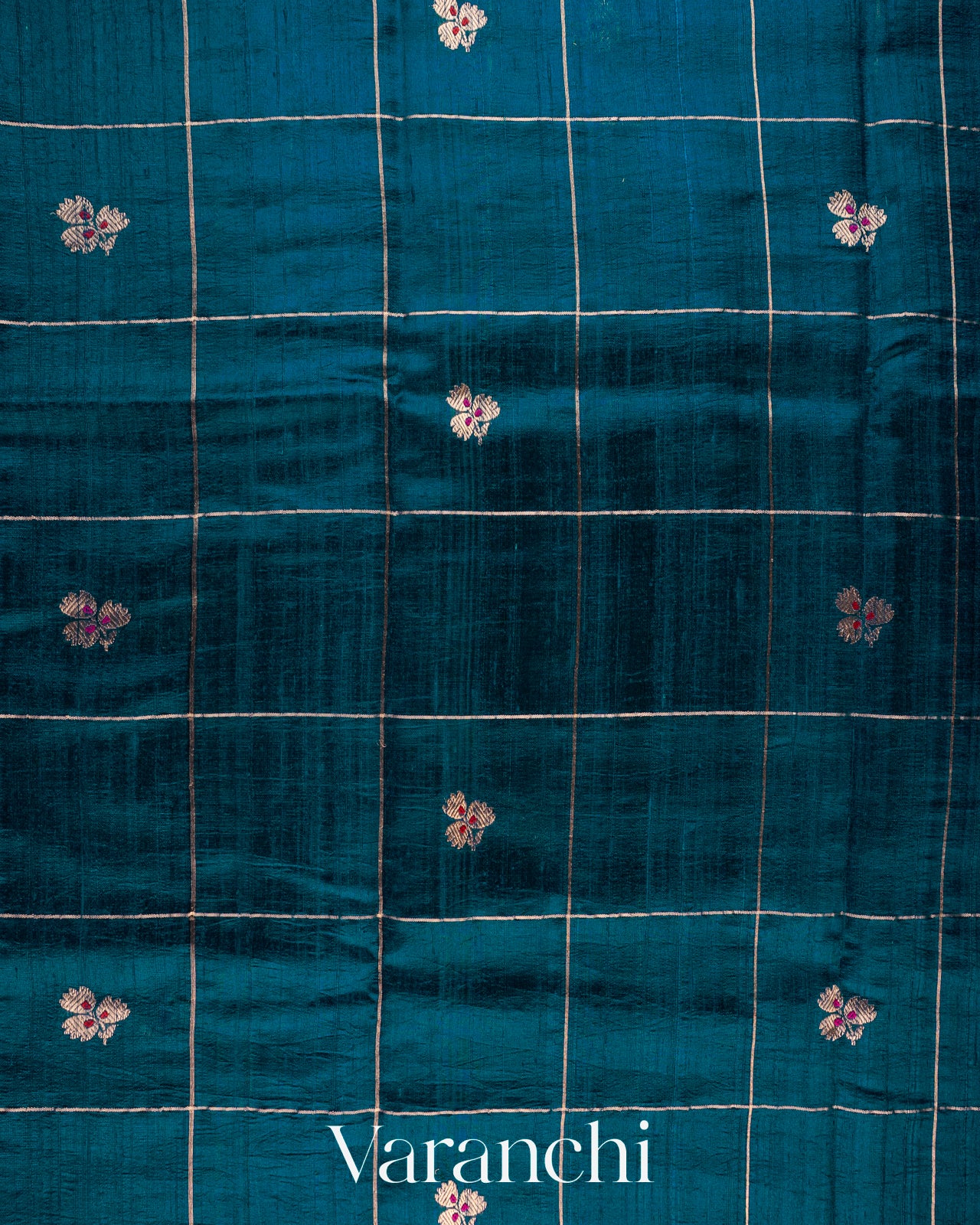 Navy Blue Checkered Pure Raw Silk Handloom Saree