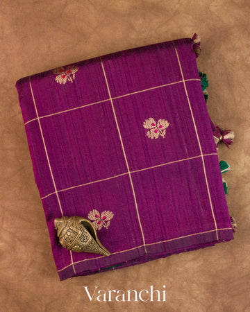 Wine Purple Checks Pure Raw Silk Handloom Saree