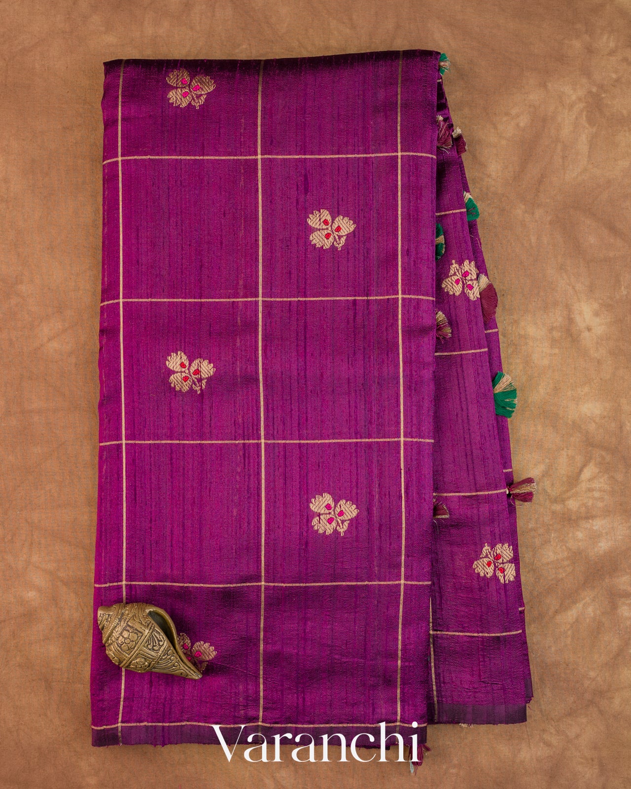 Wine Purple Checks Pure Raw Silk Handloom Saree
