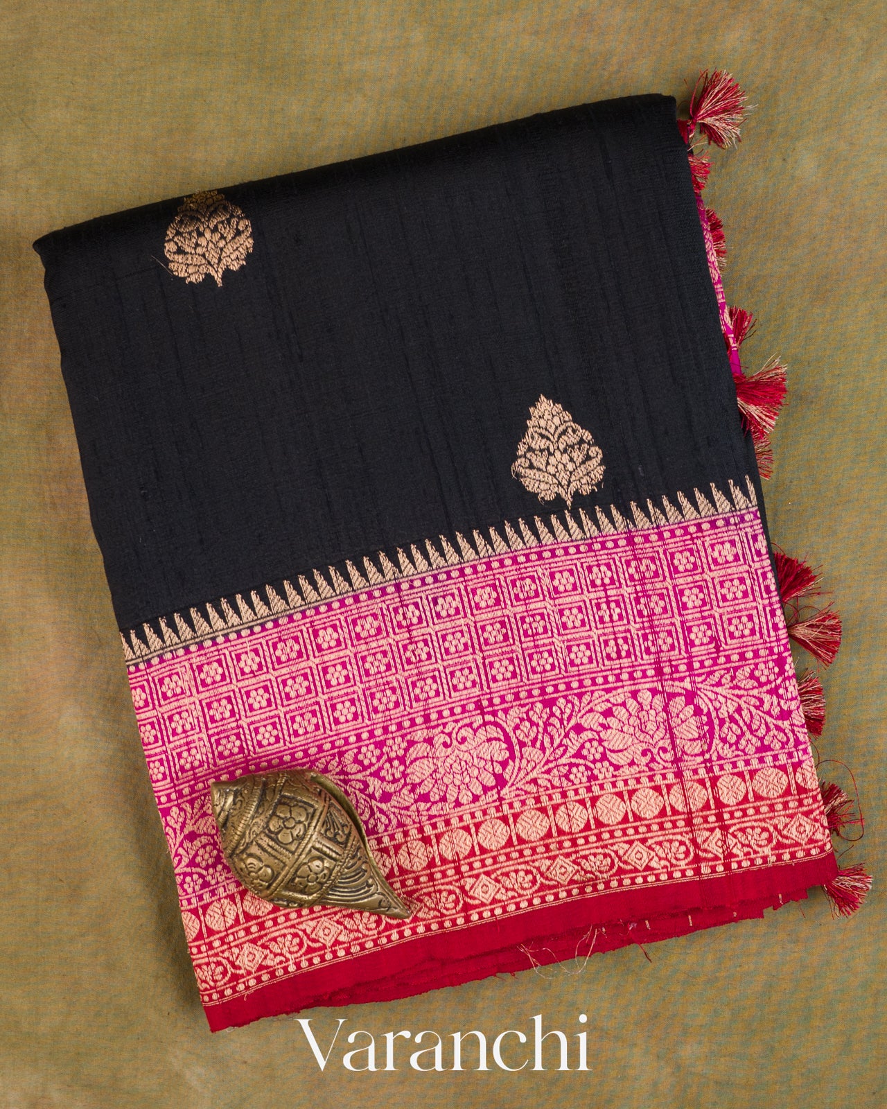 Jet Black Pure Raw Silk Handloom Saree