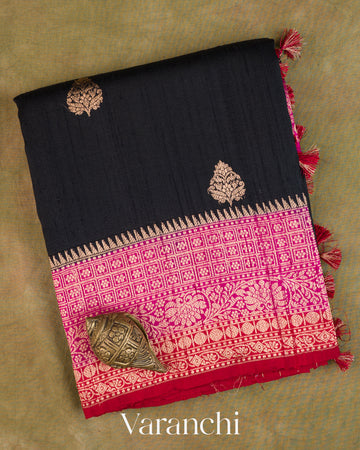 Jet Black Pure Raw Silk Handloom Saree