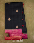 Jet Black Pure Raw Silk Handloom Saree