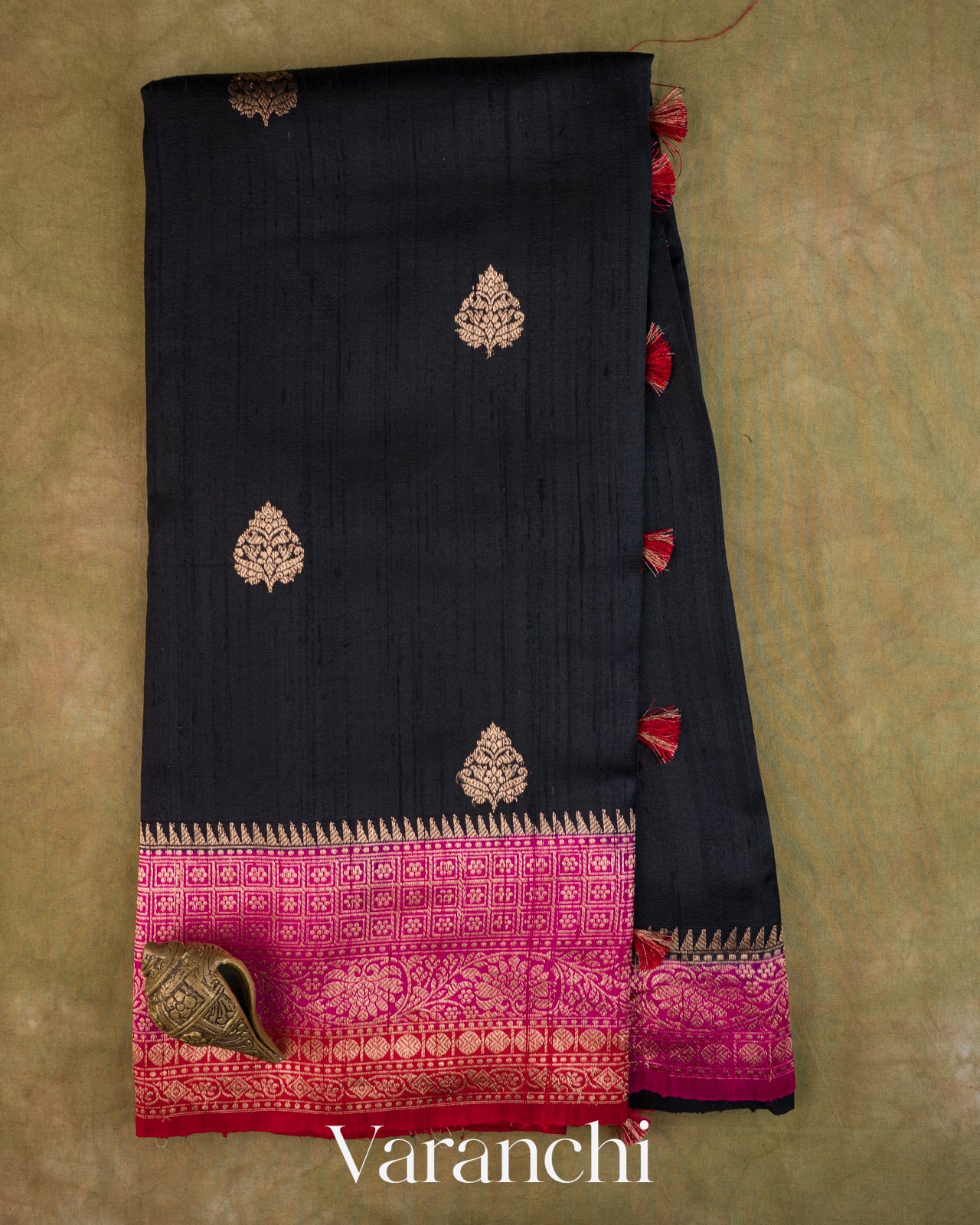 Jet Black Pure Raw Silk Handloom Saree