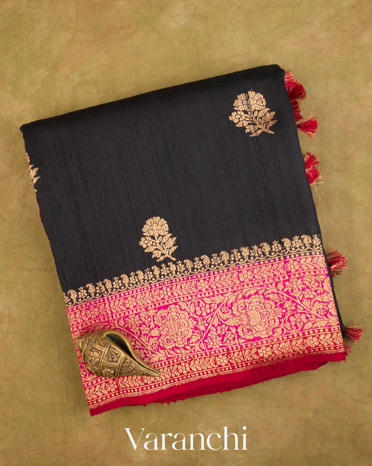 Jet Black Pure Raw Silk Handloom Saree
