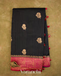 Jet Black Pure Raw Silk Handloom Saree