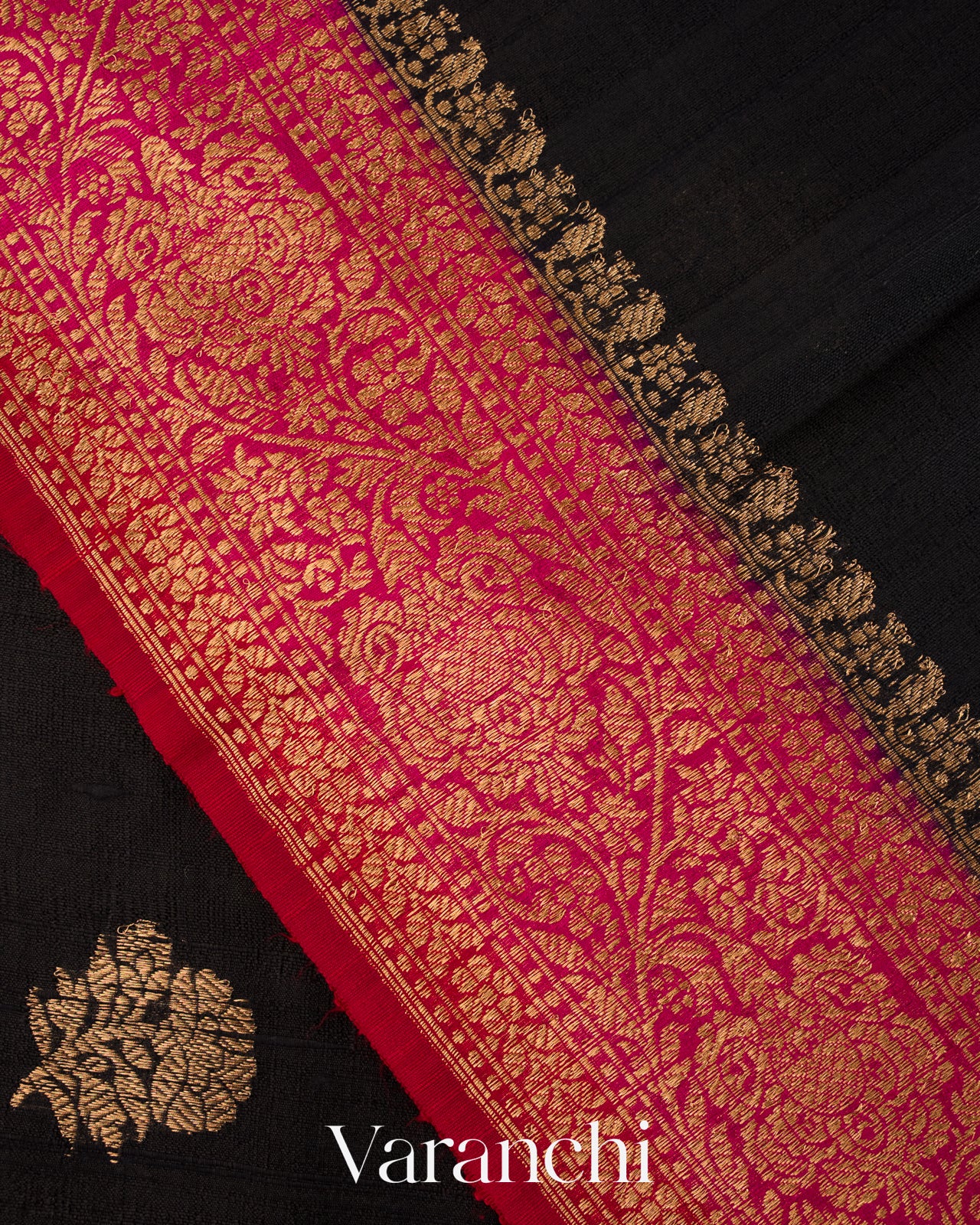 Jet Black Pure Raw Silk Handloom Saree