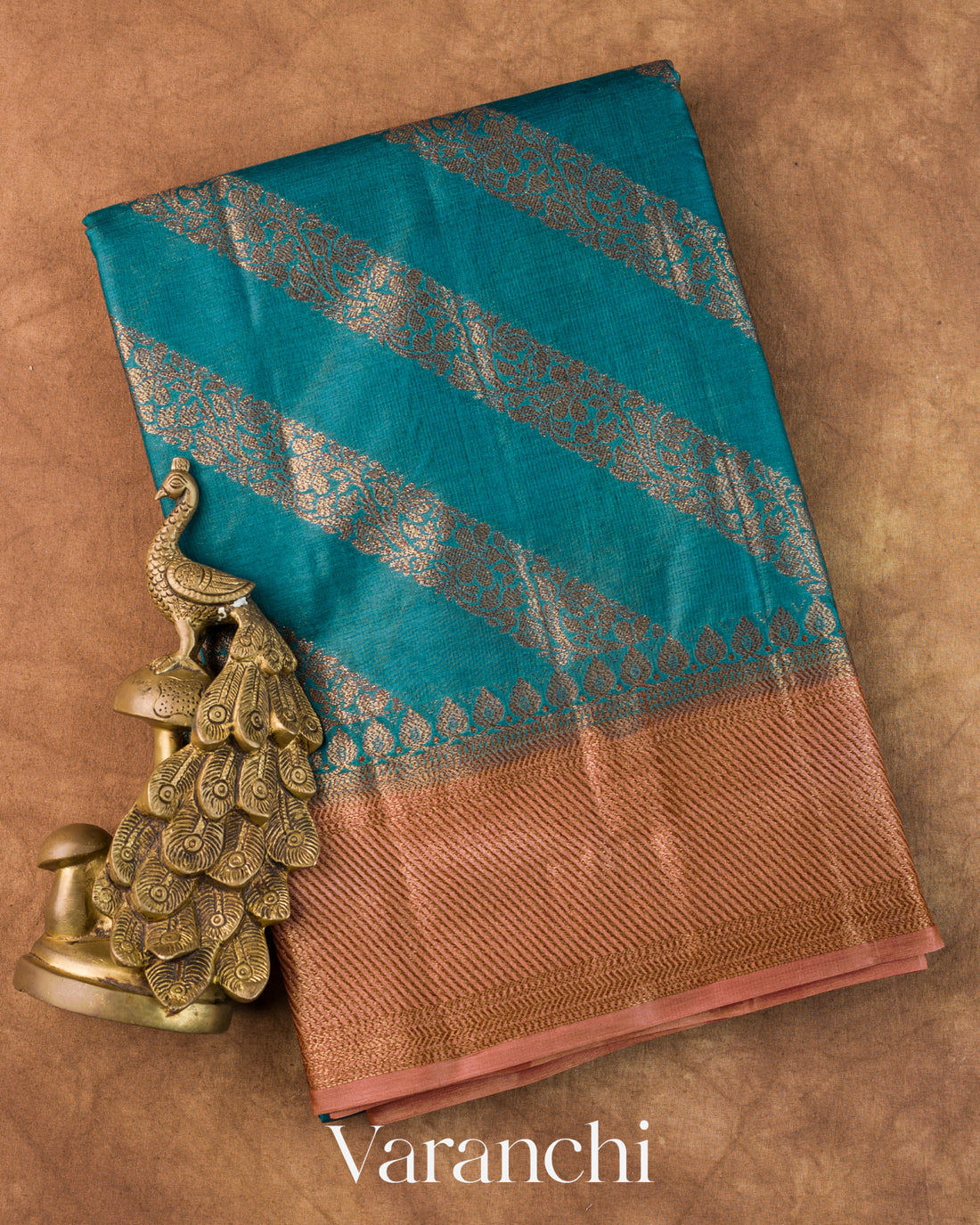 Teal Blue Lehariya Pure Tussar Silk Saree