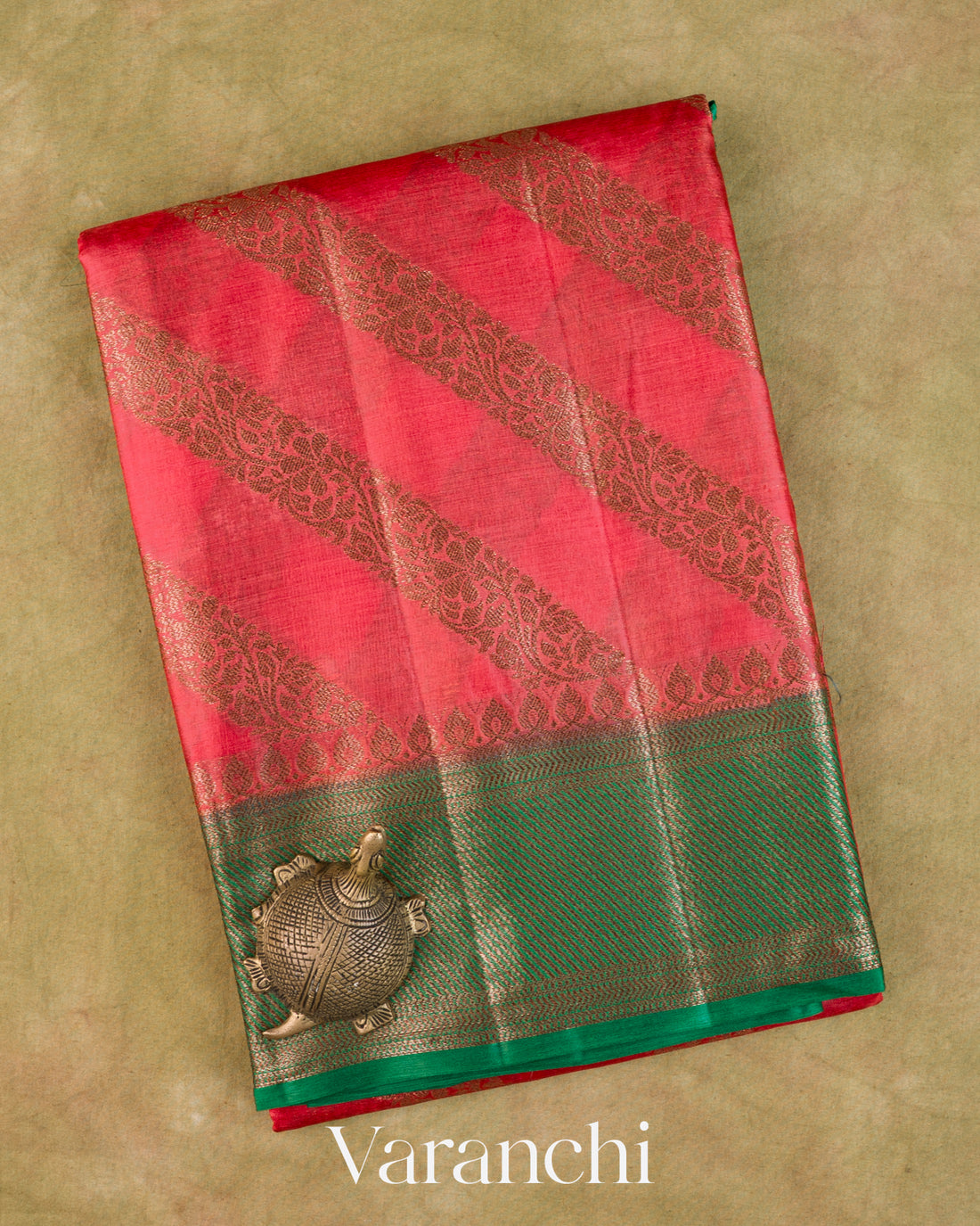 Coral Pink Lehariya Pure Tussar Silk Saree