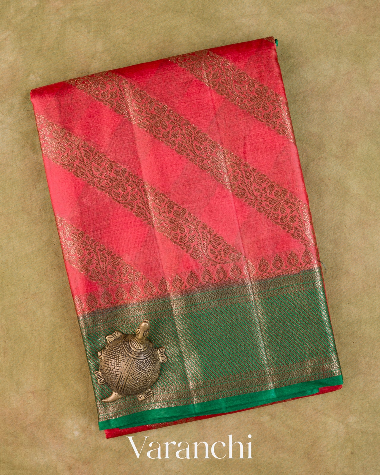 Coral Pink Lehariya Pure Tussar Silk Saree