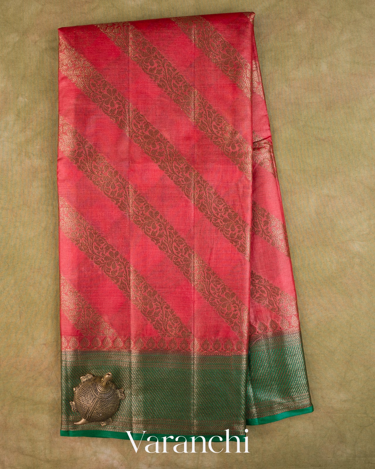 Coral Pink Lehariya Pure Tussar Silk Saree