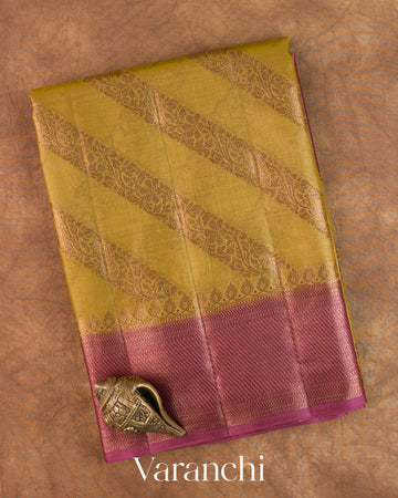 Mustard Yellow Lehariya Pure Tussar Silk Saree