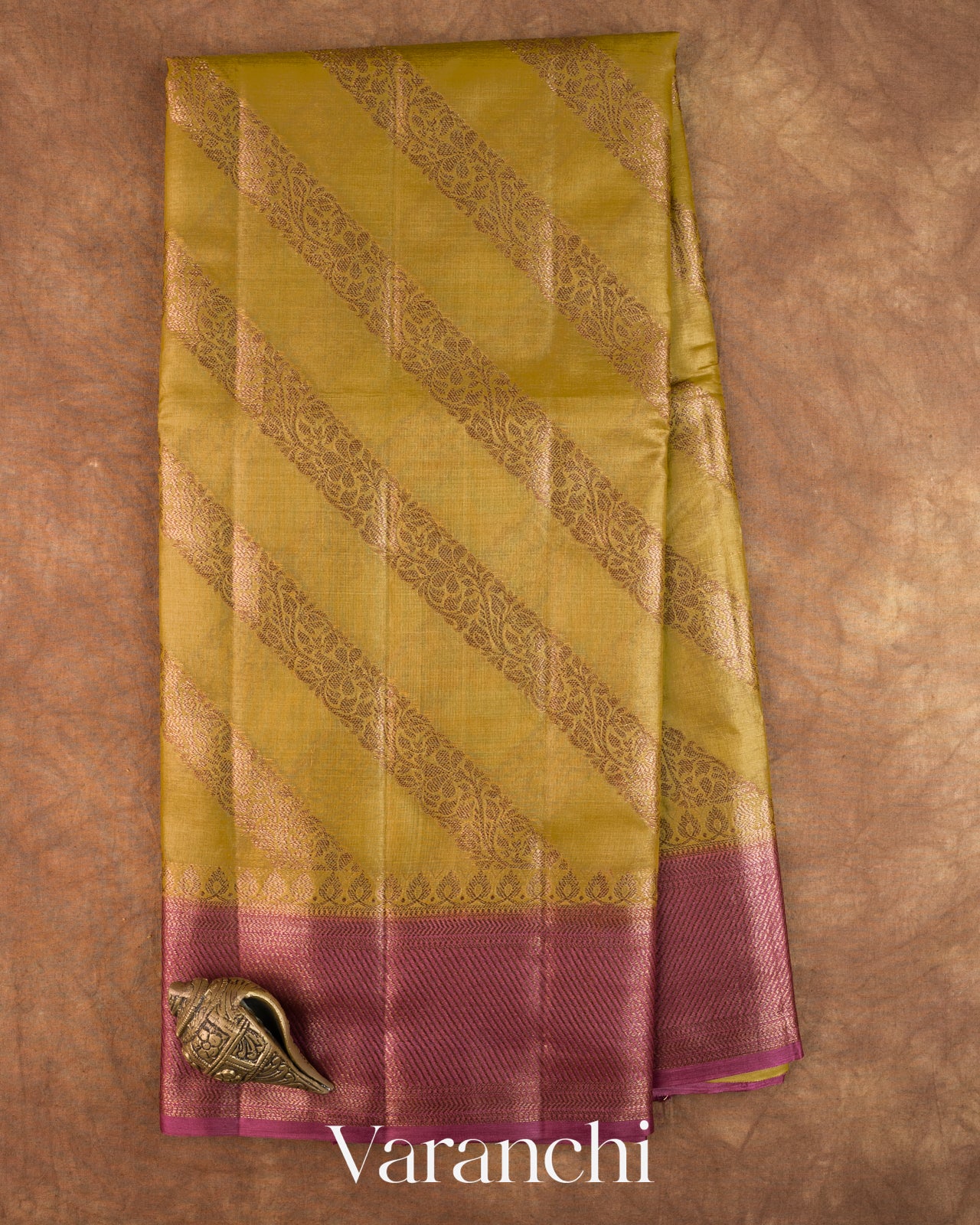 Mustard Yellow Lehariya Pure Tussar Silk Saree