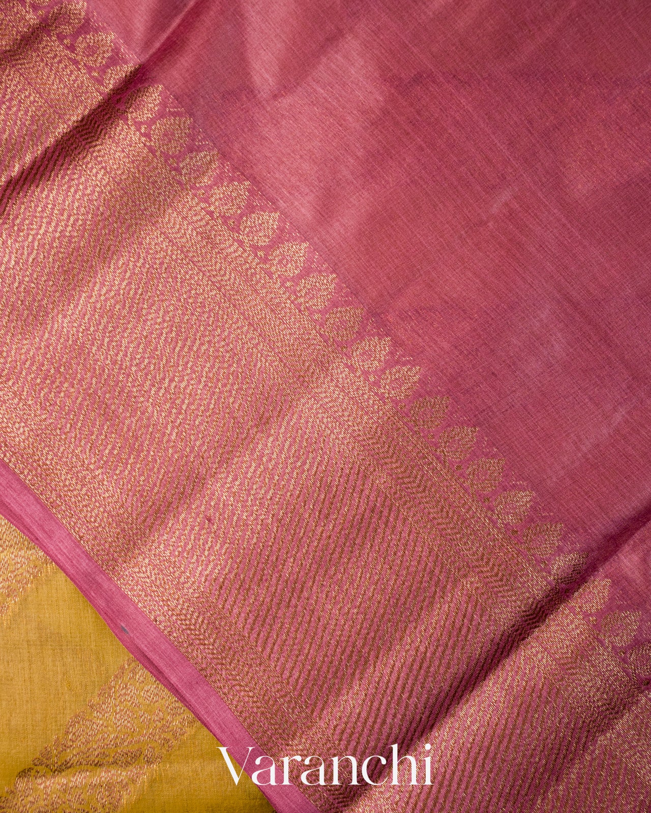 Mustard Yellow Lehariya Pure Tussar Silk Saree