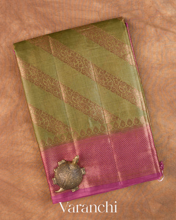 Olive Green Lehariya Pure Tussar Silk Saree