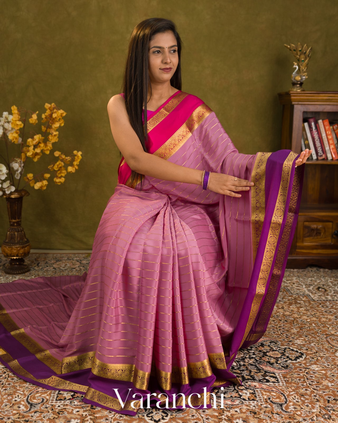 Baby Pink Striped Pure Mysore Crepe Silk Saree