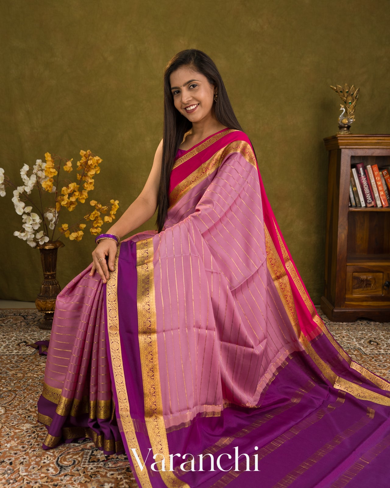 Baby Pink Striped Pure Mysore Crepe Silk Saree