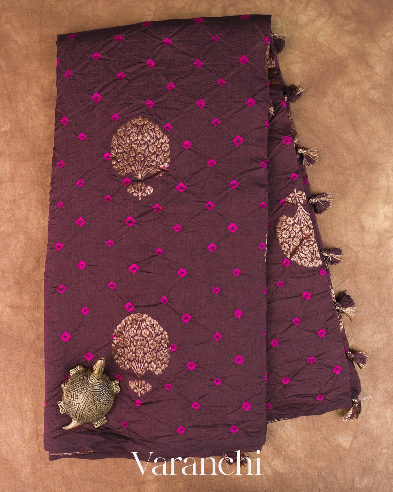 Deep Plum Bandhani Pure Chiniya Silk Saree