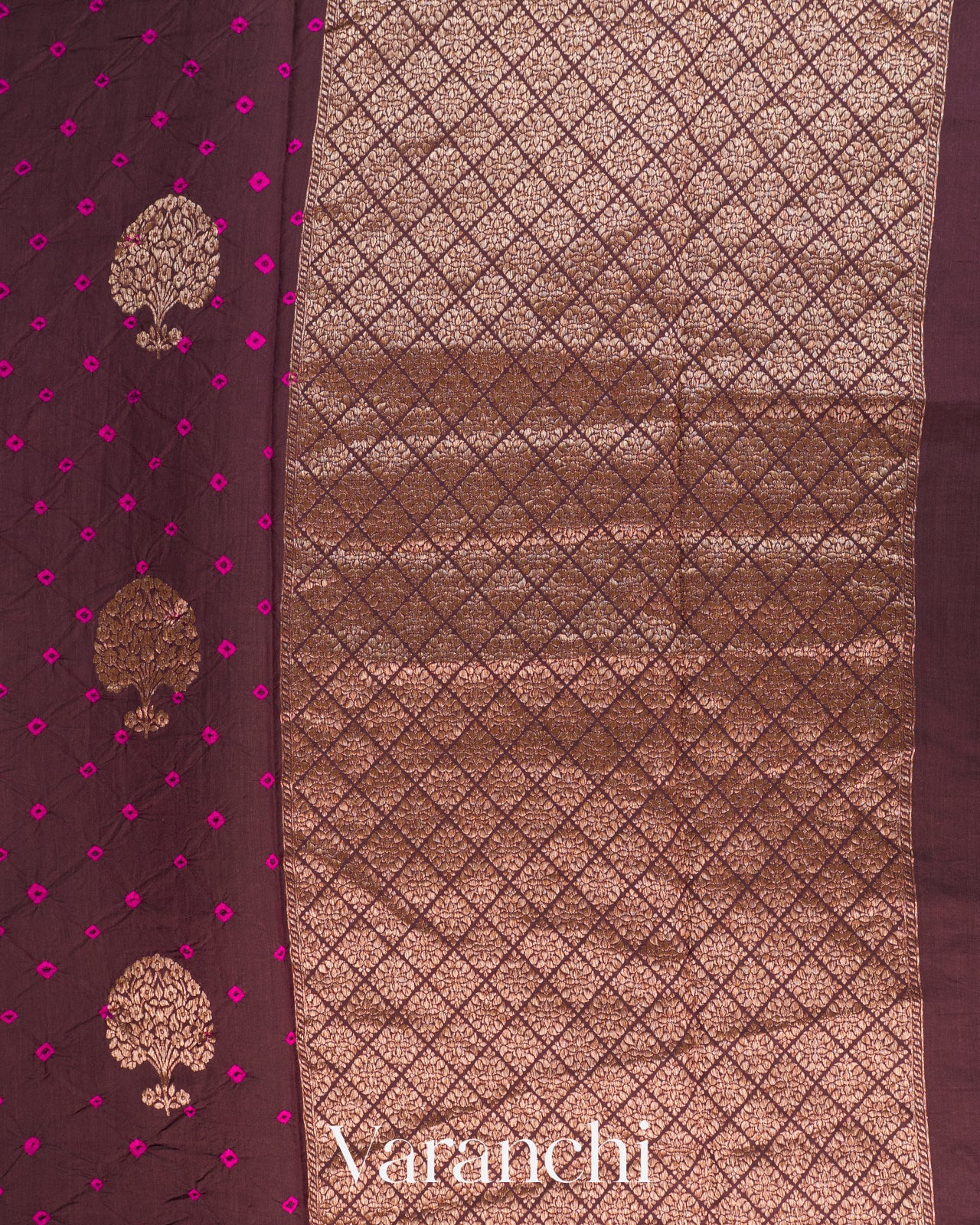 Deep Plum Bandhani Pure Chiniya Silk Saree