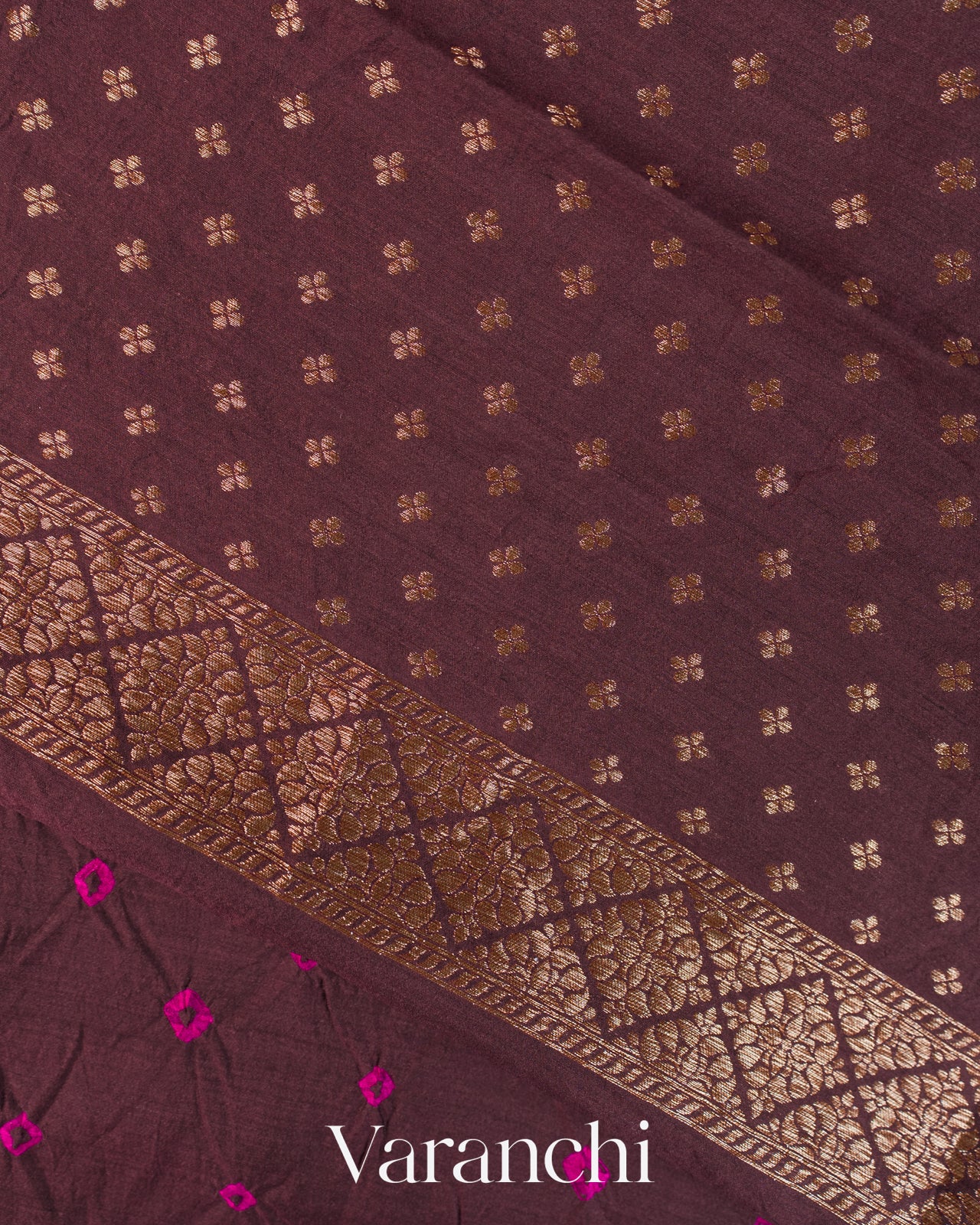 Deep Plum Bandhani Pure Chiniya Silk Saree