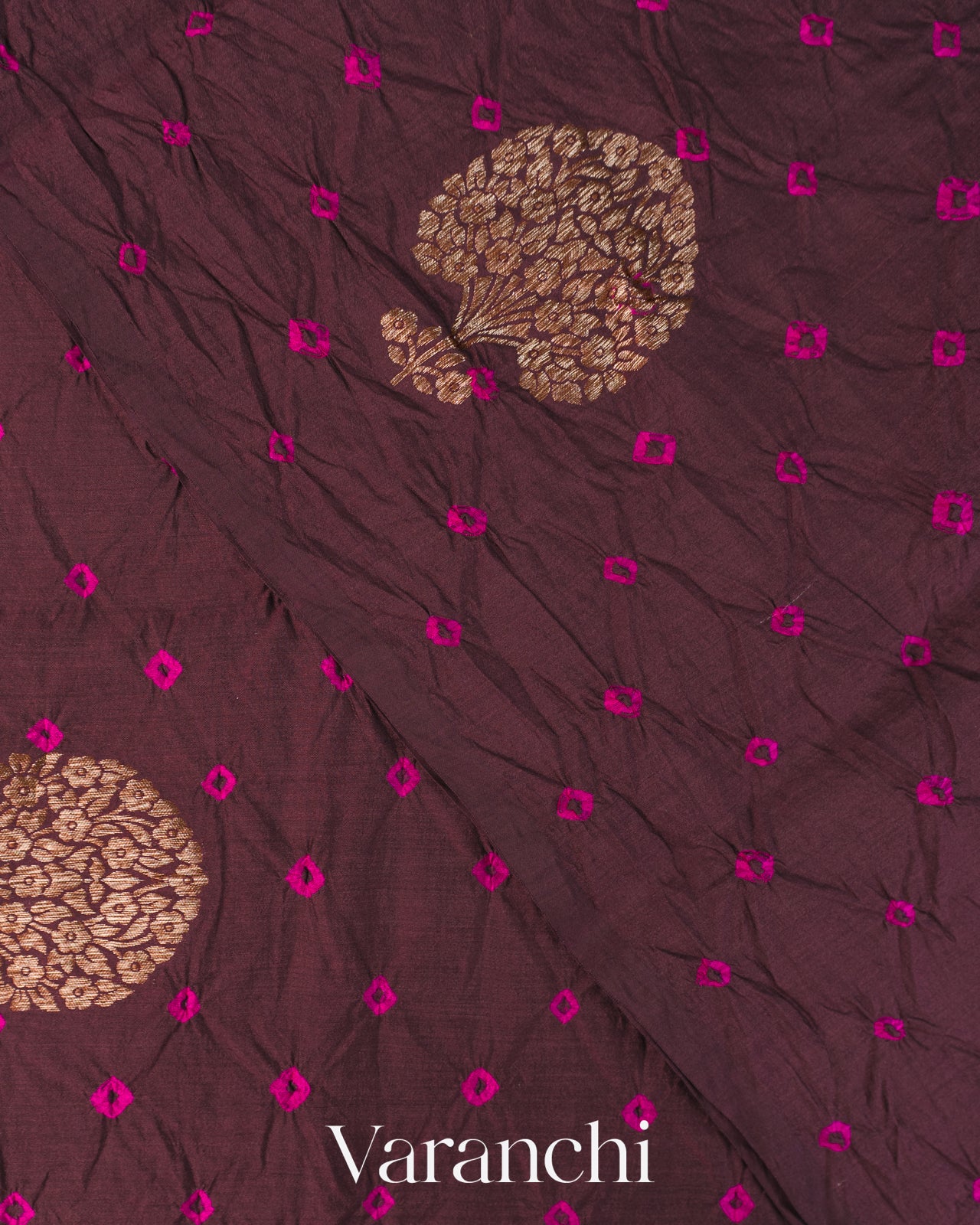 Deep Plum Bandhani Pure Chiniya Silk Saree