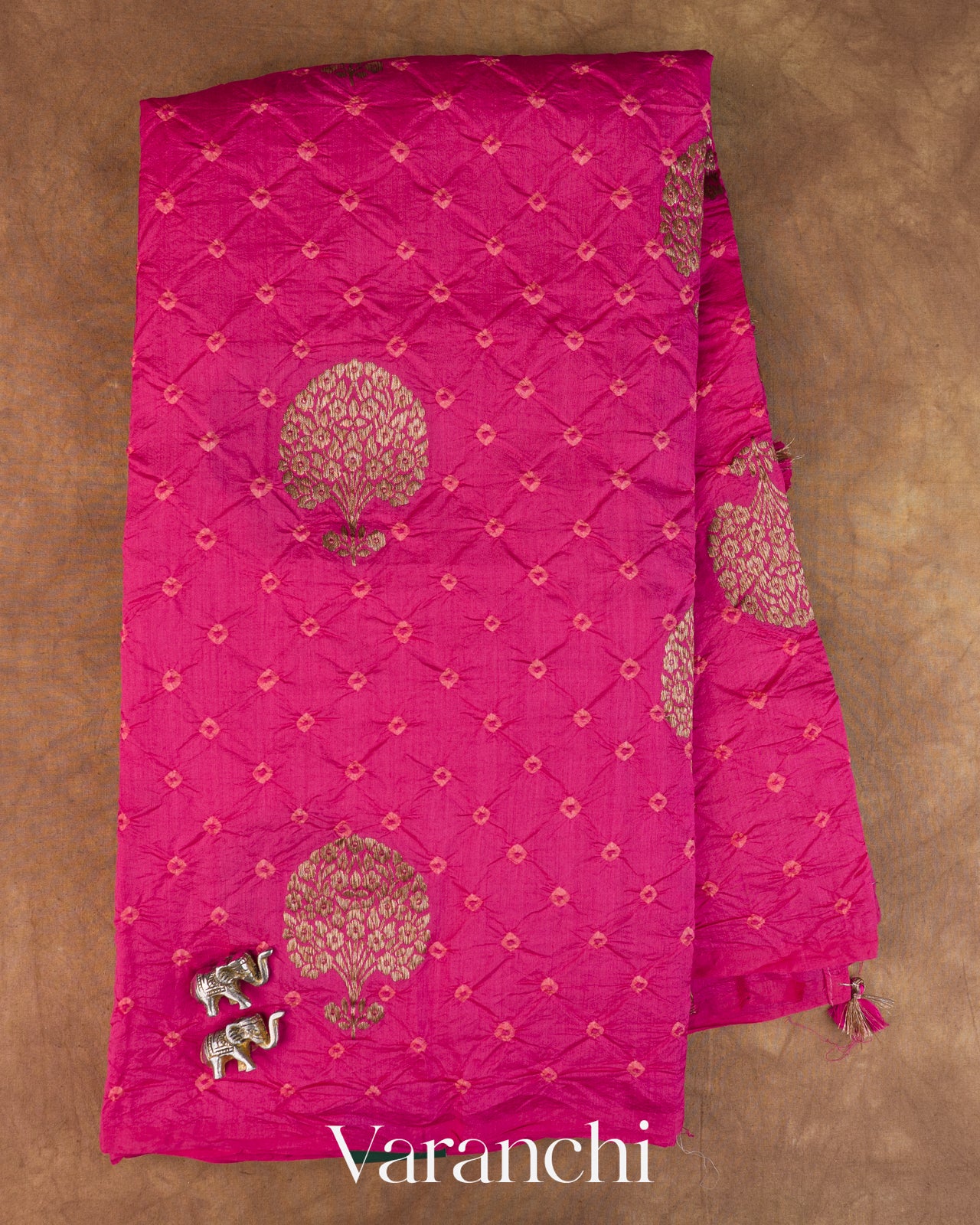 Rani Pink Bandhani Pure Chiniya Silk Saree