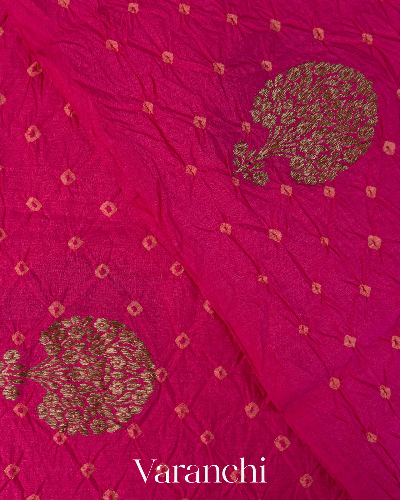 Rani Pink Bandhani Pure Chiniya Silk Saree